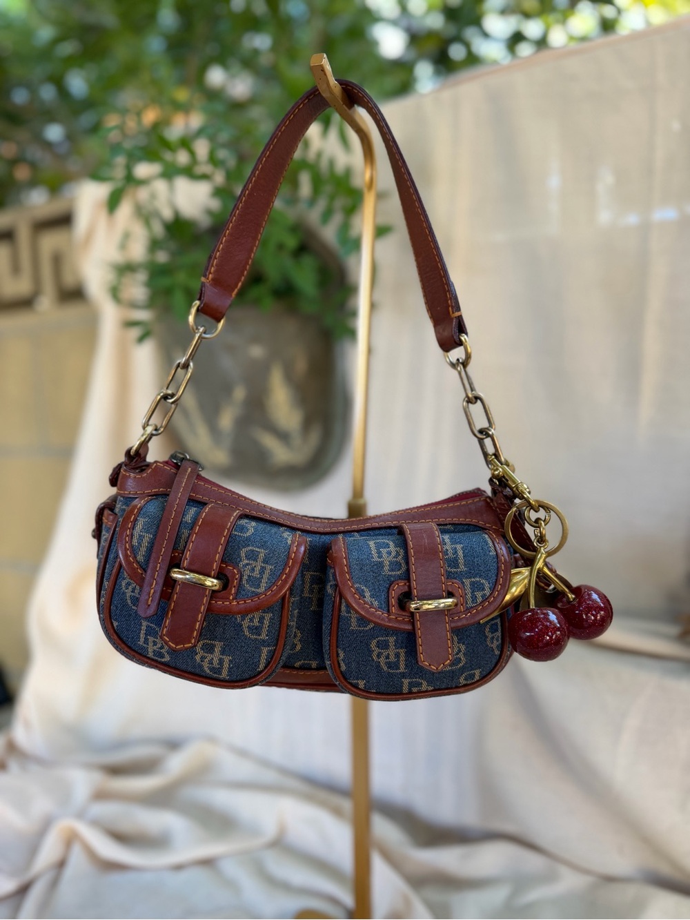 Dooney & Bourke Blue Monogram Mini Shoulder Bag with Brown Trim